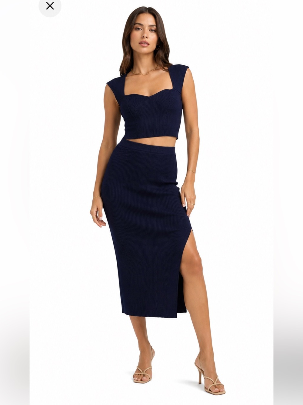 House of Harlow 1960 REVOLVE Navy Ribbed Sweetheart Knit Top & Midi Skirt Set